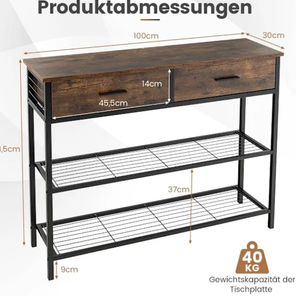 Northix Småbord>100 cm konsolbord med 2 lådor 3 våningar hallbord av trä sidobord med metallram rustik brun
