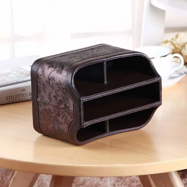 Kontorsmöbler>360° roterande fjärrkontrollhållare, TV-fjärrkontroll i PU-läder skrivbordsorganisatör med 5 fack för TV, DVD, Blu-Ray-fjärrkontroller