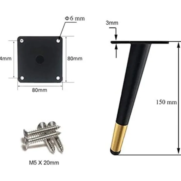 Småbord>4 st sneda bordsben i metall, koniska möbelben, 201 rostfritt stål, svart guld, 15 cm höga, halkfri tyst bas för soffor