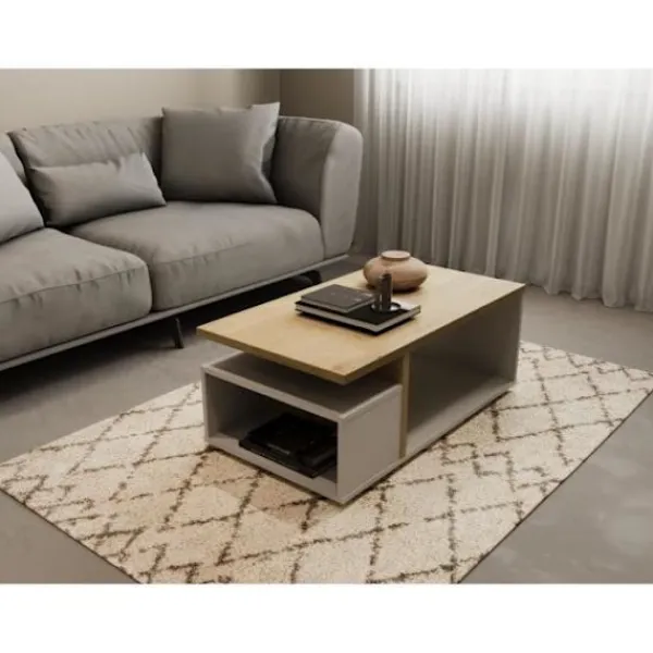 DEMEYERE Soffbord>ACCESS rektangulärt soffbord - 3 nischer - Hamilton ek och vit dekor - L 91,8 x D 50 x H 36 cm -