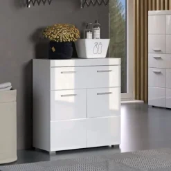 TRENDTEAM Byråer>Amanda basenhet för badrum - Blank vit - 2 dörrar + 1 låda - L73 x D31 x H79 cm