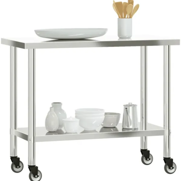 vidaXL Köksö>Arbetsbord med hjul 110x55x85 cm rostfritt stål