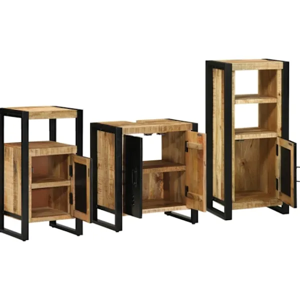 vidaXL Skåp>Badrumsmöbelset med låda 3 pcs Brun och svart Massivt mangoträ