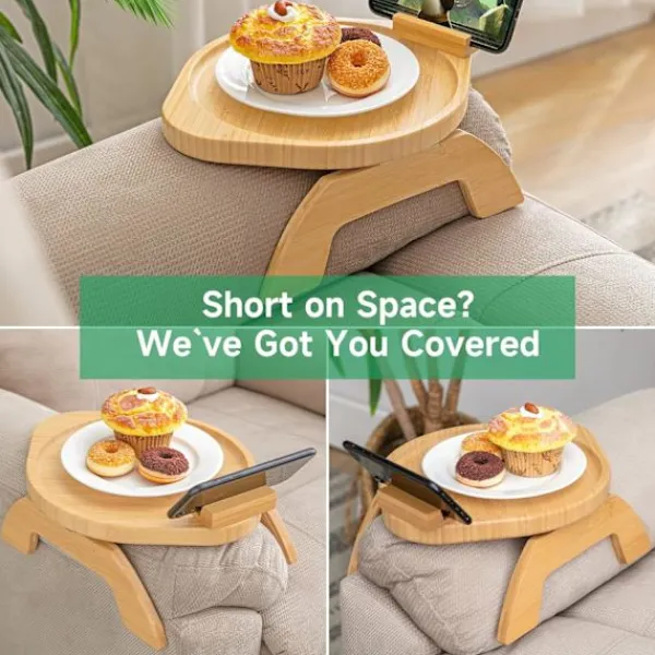 Småbord>Bambusoffa Armstöd Bord med Rotera Mobilhållare, Stabilt Soffa Armstöd, Klämma-På Soffa Bord för Breda Soffor
