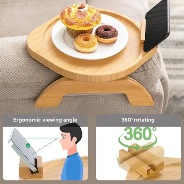 Småbord>Bambusoffa Armstöd Bord med Rotera Mobilhållare, Stabilt Soffa Armstöd, Klämma-På Soffa Bord för Breda Soffor