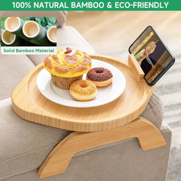 Småbord>Bambusoffa Armstöd Bord med Rotera Mobilhållare, Stabilt Soffa Armstöd, Klämma-På Soffa Bord för Breda Soffor