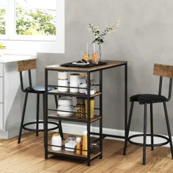 Northio Matgrupper>Barbord med barstolsset, 3 st. Barbordsset med köksbord 3 hyllor 2 barstolar Modern stil Matsal Kök Stål Ek