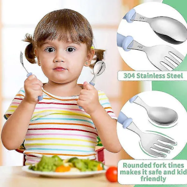 Matgrupper>Barnservis Rostfritt Stål Gaffel Och Sked Säkerhet Baby Silver Set, Barnservis Rund Handtag Servisset