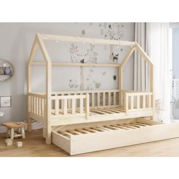 PROFIWOOD Sängar>Barnsäng i stuga - - Säng med utfällbar säng, skandinavisk stil, natur, 90×200 cm