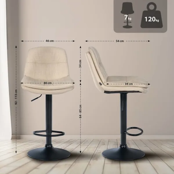 BellaFurn Stolar>Barstol med tygklädsel - Högstol - Justerbar och roterande komfort | Färg: Crème | Materialchassi: Metallmatt svart