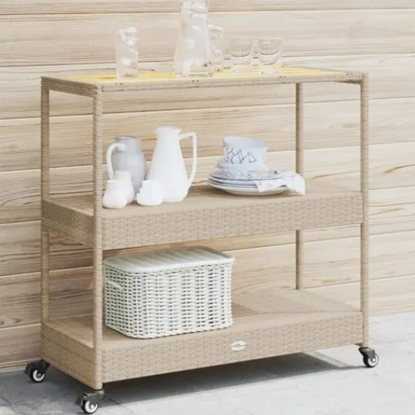 vidaXL Sideboards>Barvagn 3 hyllor beige konstrotting och massivt akaciaträ