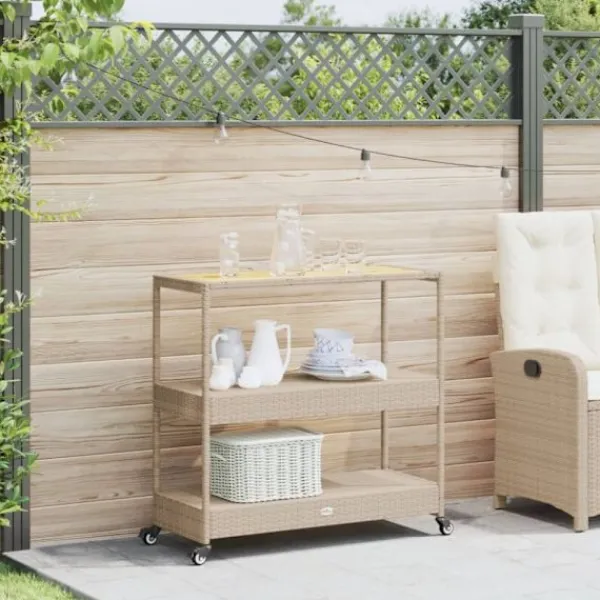 vidaXL Sideboards>Barvagn 3 hyllor beige konstrotting och massivt akaciaträ