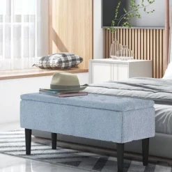 Northio Kistor & Koffertar>Bänk med förvaringsutrymme, sängbänk, stoppad bänk med fällbart lock, bröstbänk, för vardagsrum, sovrum, blå, 95 x 38 x 45 cm