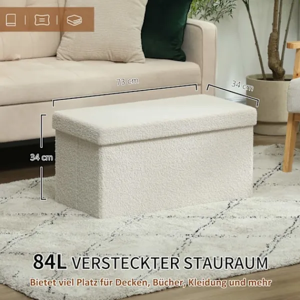 Northio Sittpuffar>Bänk med förvaringsutrymme, hopfällbar stoppad bänk, sängbänk med sammetslook, sittbräda för hall, sovrum, vardagsrum, 76 x 38 x 38 cm krämvit