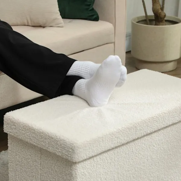 Northio Sittpuffar>Bänk med förvaringsutrymme, hopfällbar stoppad bänk, sängbänk med sammetslook, sittbräda för hall, sovrum, vardagsrum, 76 x 38 x 38 cm krämvit