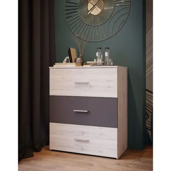 AUCUNE Byråer>Byrå - ADRIA - 3 lådor - Ask ek / Vanlig grå - 75,2 x 41,3 x 89,7 cm