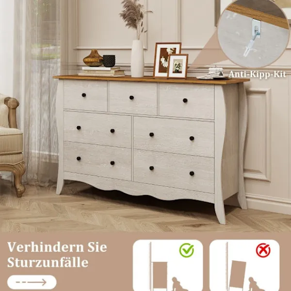 B2X Byråer>Byrå med 7 vikbara tyglådor, skänk i lantlig stil, garderob, grå