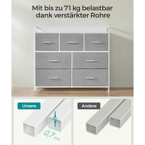Pavil Byråer>Byrå, Sovrumsskåp, 7 tyglådor med handtag, metallram, duvgrå och molnvit