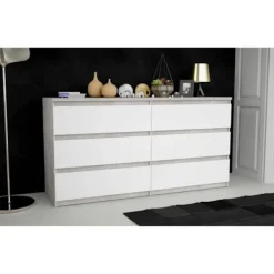 Byråer>CHELSEA 6 lådor byrå - Vit/ljus betongfärg - L 154 x D 42,2 x H 79,9 cm
