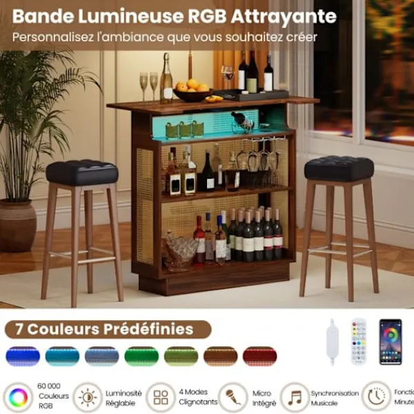 COSTWAY Balkongmöbler>Barbord i PE-rattan med flätverk 120 x 55 x 110 cm - RGB LED-belysning - 3 stöd för fotade glas och 3 hyllor