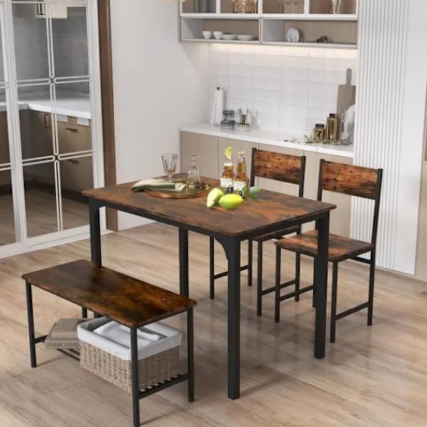 COSTWAY Matgrupper>bord och 2 stolar 1 bänkset - 4 personer, industriell stil, metallkonstruktion för matsal, restaurang, kök