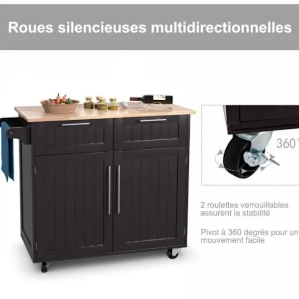 COSTWAY Köksö>Desserte/Chariot de Cuisine à Roulettes - 94x45x94,5 CM - 2 Lådor - 2 Dörrar - Handdukshållare - Kök Ö - Kaffe