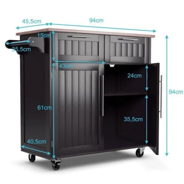 COSTWAY Köksö>Desserte/Chariot de Cuisine à Roulettes - 94x45x94,5 CM - 2 Lådor - 2 Dörrar - Handdukshållare - Kök Ö - Kaffe