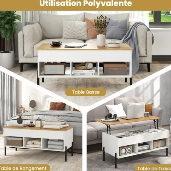COSTWAY Soffbord>Höj- och sänkbar Soffbord, 3 Kompartiment, Dold Förvaring, Metallben, 100 x 50 x 45-60cm Soffbord Natur Vit