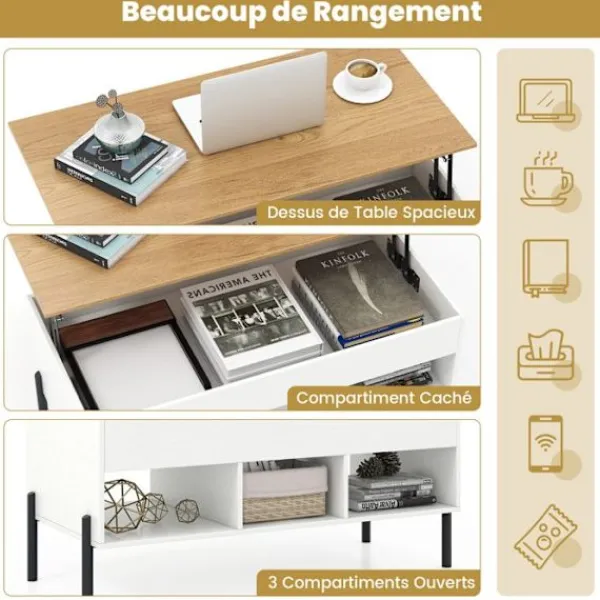 COSTWAY Soffbord>Höj- och sänkbar Soffbord, 3 Kompartiment, Dold Förvaring, Metallben, 100 x 50 x 45-60cm Soffbord Natur Vit