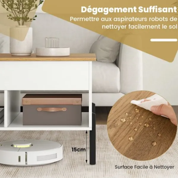 COSTWAY Soffbord>Höj- och sänkbar Soffbord, 3 Kompartiment, Dold Förvaring, Metallben, 100 x 50 x 45-60cm Soffbord Natur Vit