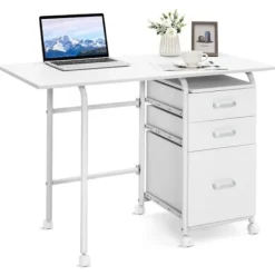 COSTWAY Kontorsmöbler>hopfällbart skrivbord på hjul - 3 lådor - 105 x 50 x 75 CM, metallram för sovsal, lägenhet, vit