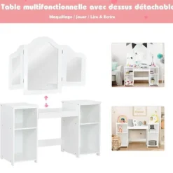 COSTWAY Sminkbord>2-i-1 sminkbord för barn med avtagbar spegel, barnskrivbord med 4 hyllor i prinsessstil för flickor,