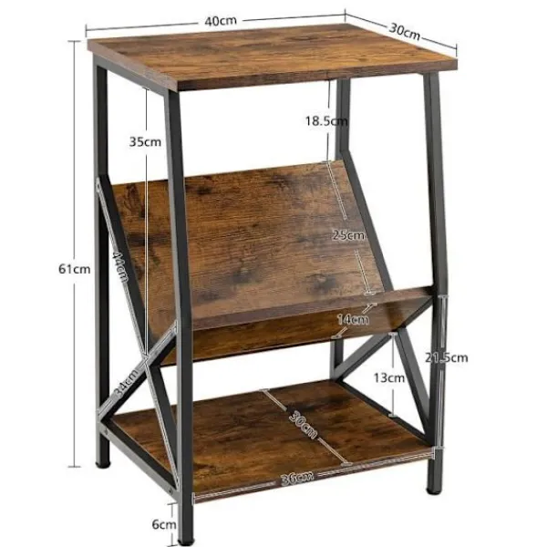 COSTWAY Småbord>Industrial 3-vånings sidobord, metallstomme, 40 x 30 x 61 CM, med öppen hylla, för kontor, sovrum