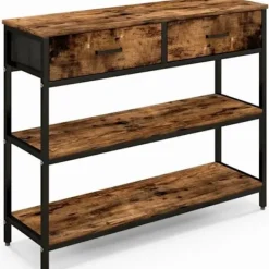 COSTWAY Sideboards>industrikonsolbord 3 våningar, 2 lådor - 100 x 30 x 80 cm Rustik brun metallram