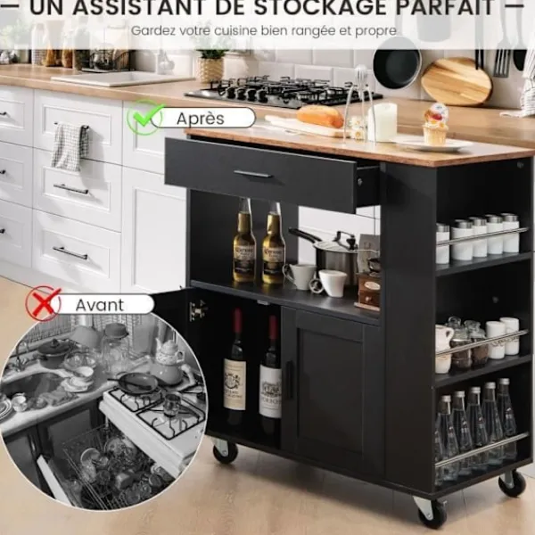 COSTWAY Köksö>Kökö förvaring på hjul (2 låsbara) 82x46x92cm köksö med 3 kryddlådor