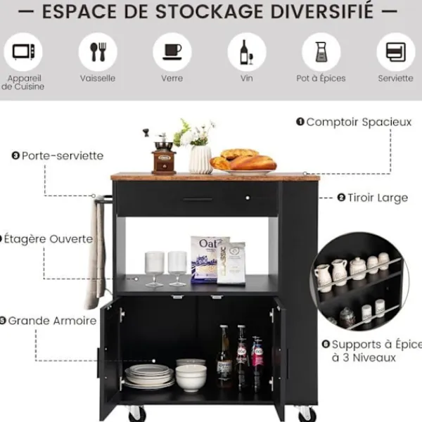 COSTWAY Köksö>Kökö förvaring på hjul (2 låsbara) 82x46x92cm köksö med 3 kryddlådor