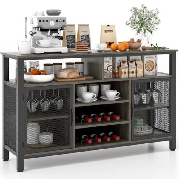 COSTWAY Sideboards>Köksskänk - 8 flaskvinställ, 6 rader med glashållare, 2 dörrar - Matsal, Vardagsrum - Grå
