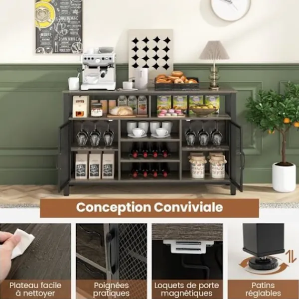 COSTWAY Sideboards>Köksskänk - 8 flaskvinställ, 6 rader med glashållare, 2 dörrar - Matsal, Vardagsrum - Grå