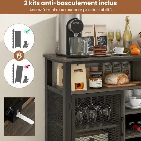 COSTWAY Sideboards>Köksskänk - 8 flaskvinställ, 6 rader med glashållare, 2 dörrar - Matsal, Vardagsrum - Grå