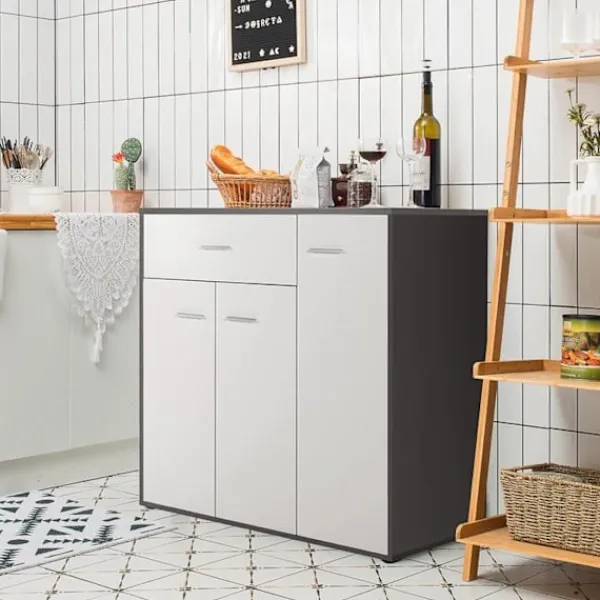 COSTWAY Sideboards>Köksskänk - 2 skåp, stor låda, ställbar hylla - Låg skänk - 88x40x80 CM - Vardagsrum, Matsal - Svart+Vit