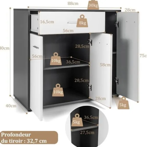 COSTWAY Sideboards>Köksskänk - 2 skåp, stor låda, ställbar hylla - Låg skänk - 88x40x80 CM - Vardagsrum, Matsal - Svart+Vit