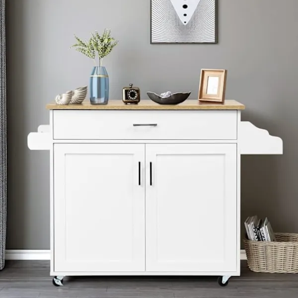 COSTWAY Köksö>köksvagn, köksö på hjul med stort skåp, låda, kryddhylla och handdukshylla
