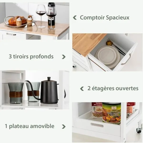 COSTWAY Köksö>köksvagn med låsbara universalhjul, topp av gummi, avtagbara hyllor, 3 lådor,