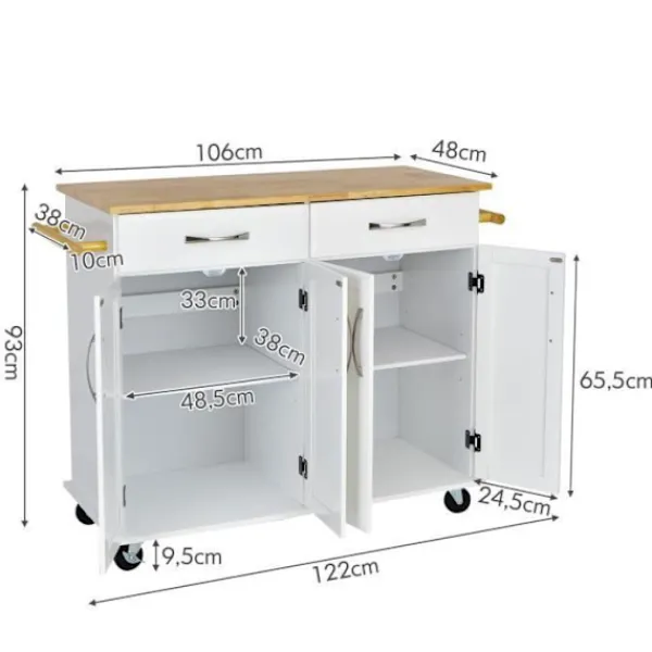 COSTWAY Köksö>köksvagn på hjul - 2 lådor, 2 dubbeldörrsskåp, justerbara hyllor - Kitchen Island-vagn -