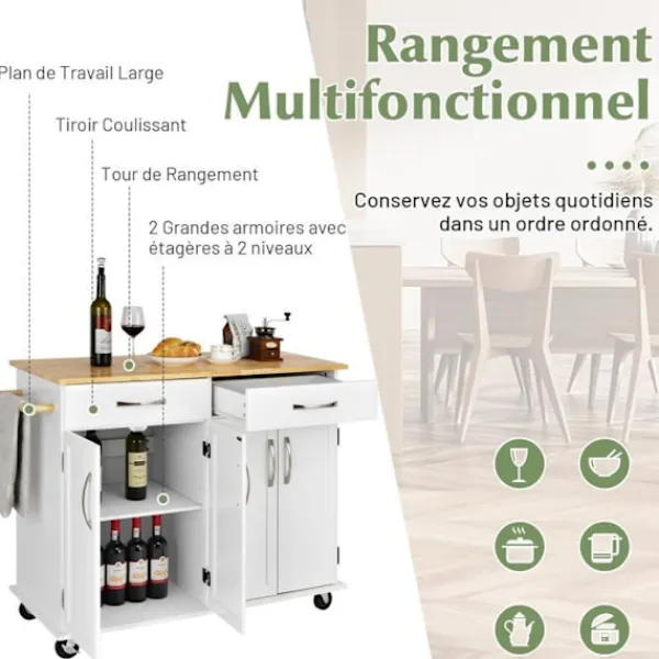 COSTWAY Köksö>köksvagn på hjul - 2 lådor, 2 dubbeldörrsskåp, justerbara hyllor - Kitchen Island-vagn -