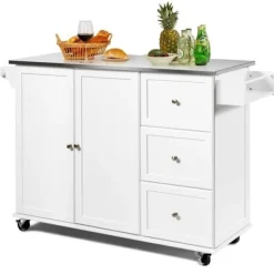 COSTWAY Köksö>Köksvagn på hjul med bricka i rostfritt stål. Kitchen Island Trolley med 3 lådor, 2 dörrar och kryddställ