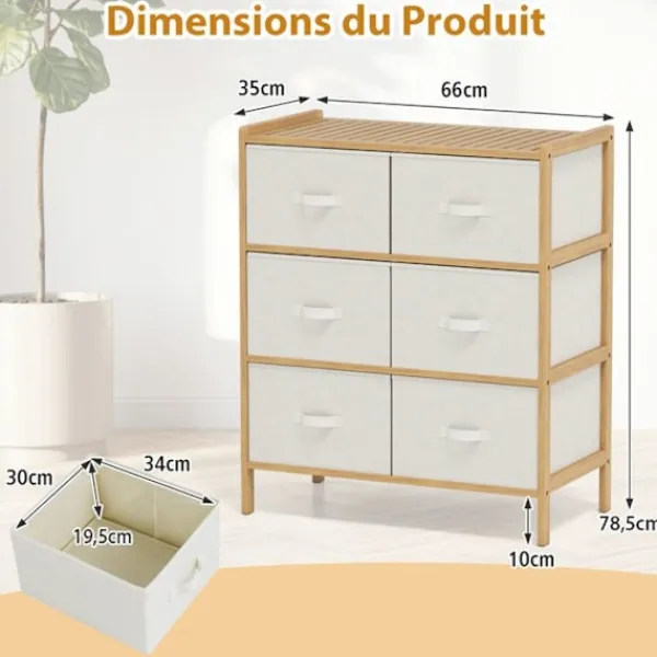 COSTWAY Byråer>Kommode med 6 Skuffer i Tøj med Bamboostruktur, Foldbare Tøjbægre, til Skab, Stue, Entré, 66 x 35 x 78,5 cm