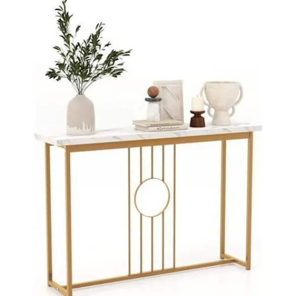 COSTWAY Småbord>Konsolbord, Entrémöbel med marmoreffekt 120 x 30 x 80,5 CM (L x B x H) - Guldmetallram, skandinavisk stil