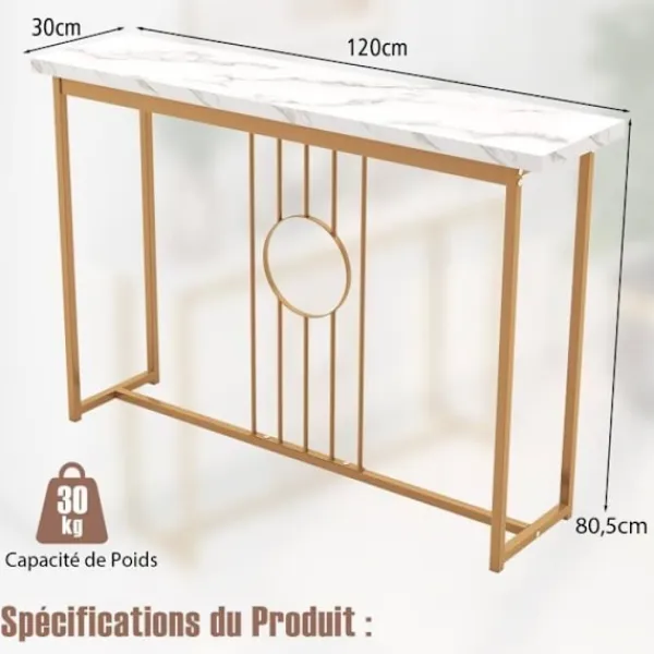 COSTWAY Småbord>Konsolbord, Entrémöbel med marmoreffekt 120 x 30 x 80,5 CM (L x B x H) - Guldmetallram, skandinavisk stil
