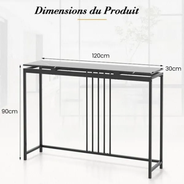 COSTWAY Småbord>konsolbord, hall med marmoreffekt - 120 x 30 x 90 CM (L x B x H) Stålstomme - Modern Enkel Stil Svart